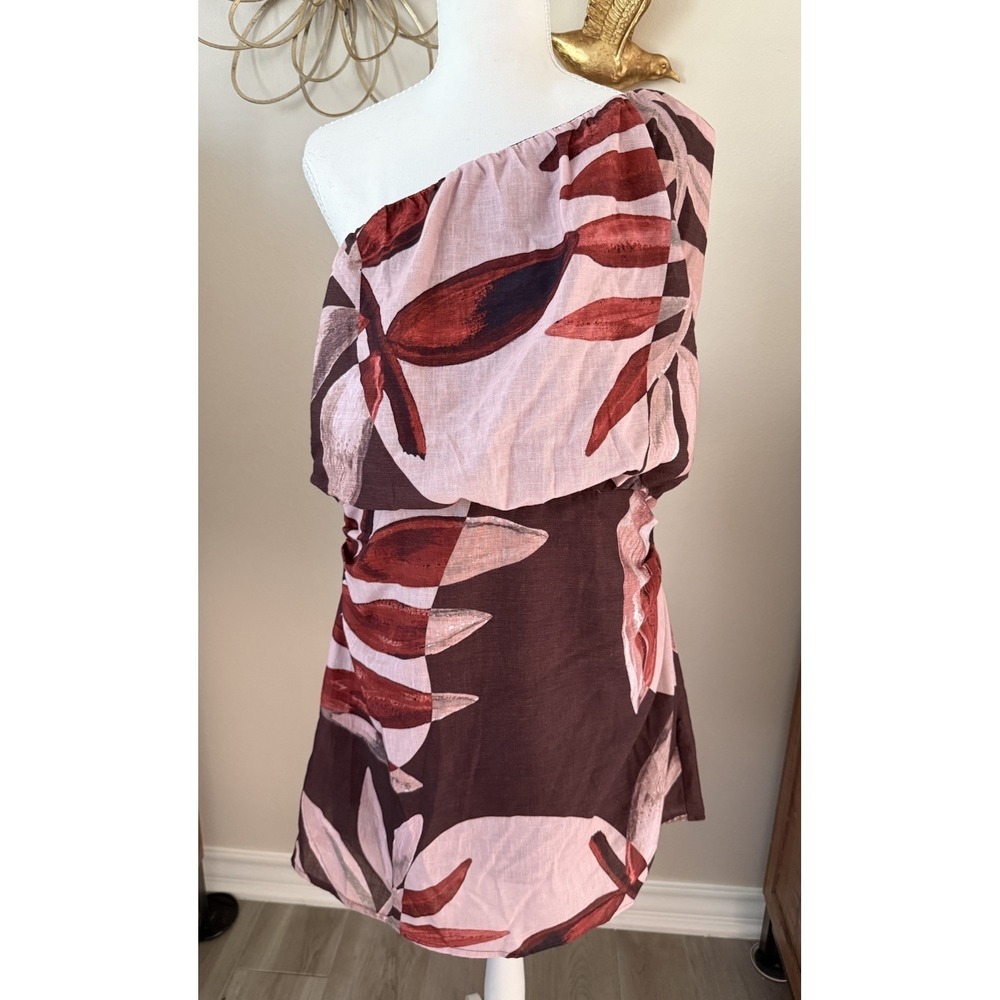 NWT Peppermayo Indiana Mini Dress Cinnamon Palm One Shoulder Linen Blend 2XL